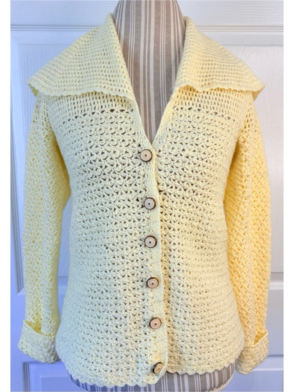 Vintage Butter Yellow Hand Knit Shawl Collar Cardigan Sweater Medium